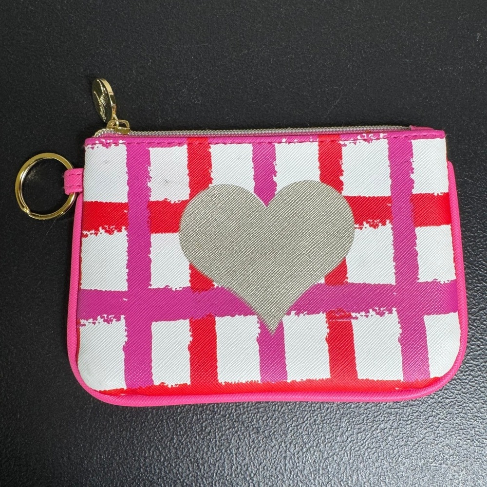 Dabney Lee Pink Plaid Heart Coin Purse Key Ring Pouch DL-9620‎ Gold Zebra Pull